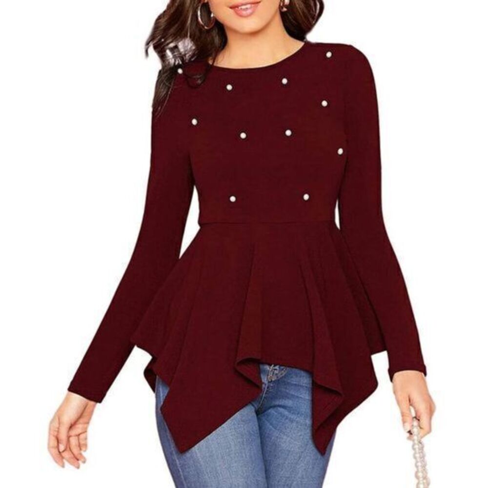 MILUMIA Round Neck Long sleeves Pearl Asymmetrical Hem Peplum Top MEDIUM